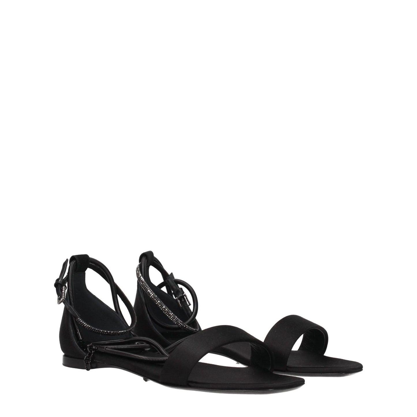Max Mara Black Satin Flat Sandals with open toe, buckle closure, and low heel, crafted from satin with leather sole.