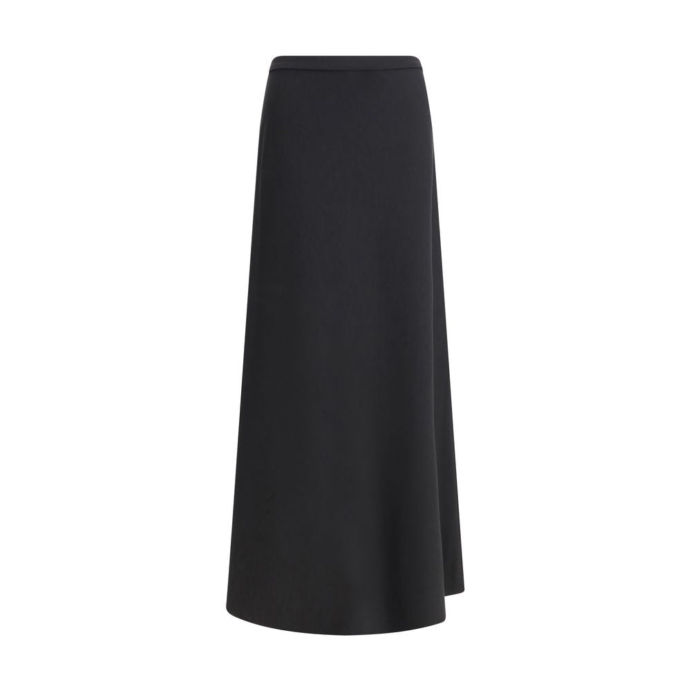 Max Mara Black Viscose Long Skirt with flared silhouette and wide waistband, featuring tone-on-tone logo embroidery. Elegant and fitted design.