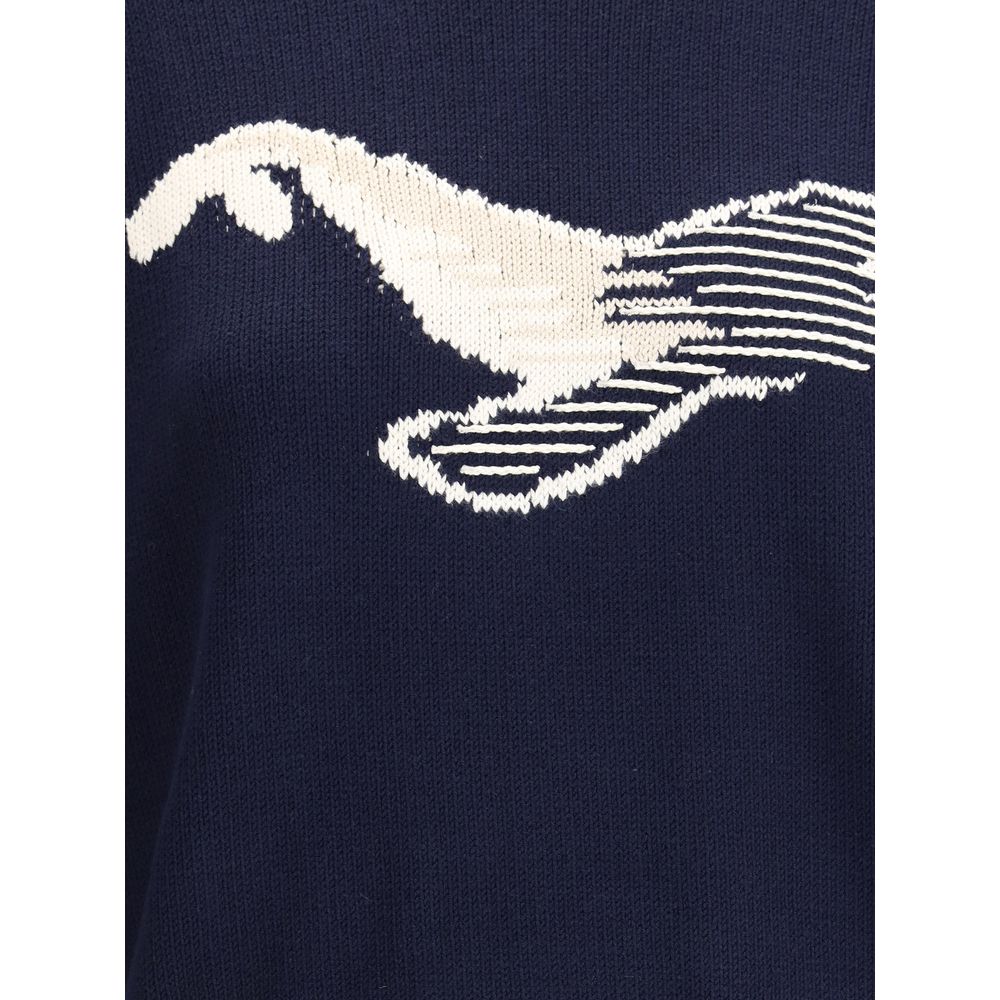 Max Mara Blue Cotton Sweatshirt with graphic jacquard lettering design on navy background, close-up view.
