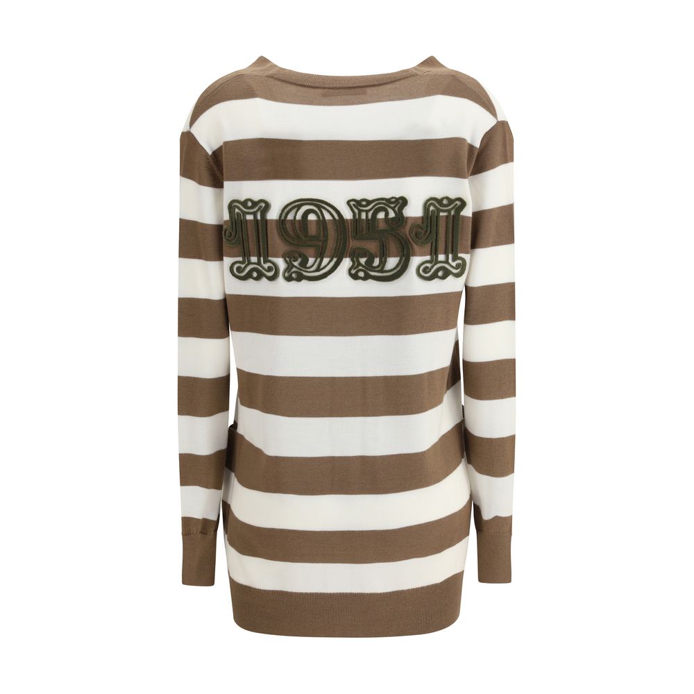 Max Mara Brown Fleece Wool Cardigan with stripe pattern and '1951' motif on back, long sleeves, pure virgin wool, AW25 collection.