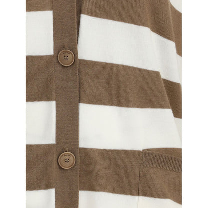 Close-up of the Max Mara Brown Fleece Wool Cardigan’s striped pattern and buttons, showcasing its virgin wool texture and design.