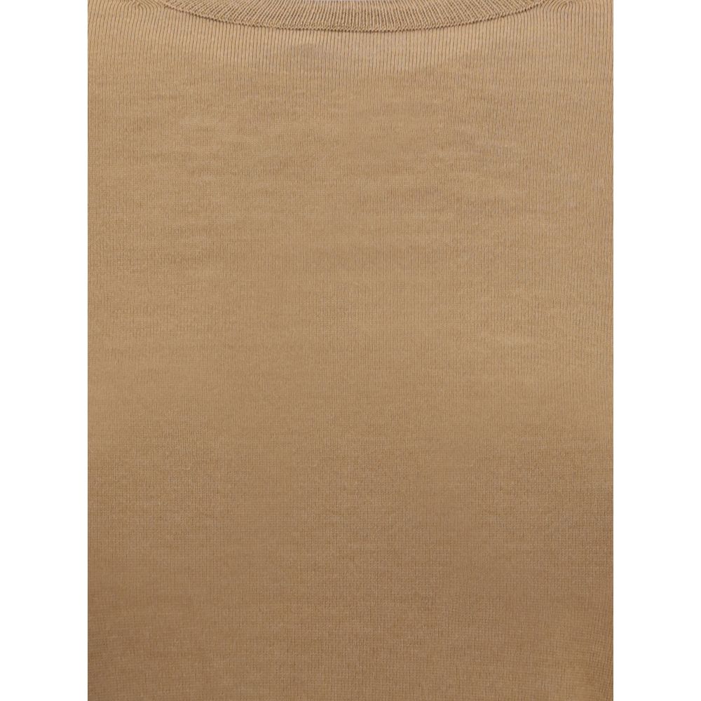 Max Mara Brown Fleece Wool Top with ribbed hem and crew neck design, showcasing high-quality virgin wool for AW25 collection.