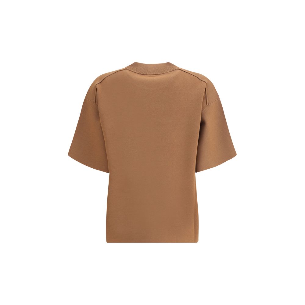 Max Mara Brown Polyester T-Shirt with oversize fit and ribbed crew neck, featuring a monochrome pattern and soft fabric.