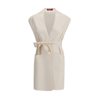 Max Mara Cream Viscose Coat, sleeveless long vest with knotted sash and patch pockets, versatile and modern AW25 fashion piece.