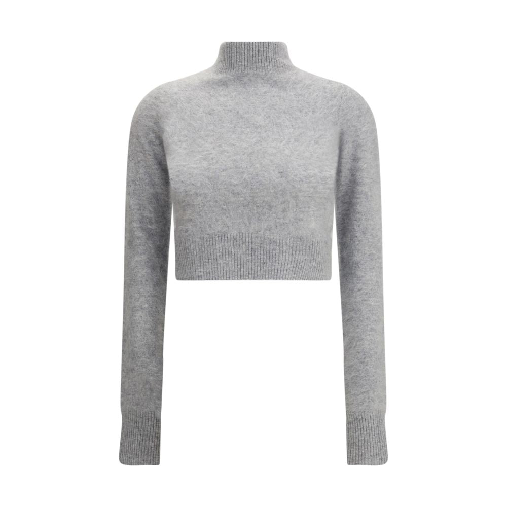 Max Mara Gray Cashmere Cashmere Sweater with raised collar and ribbed trim for timeless elegance, full sleeves, and a cropped fit.