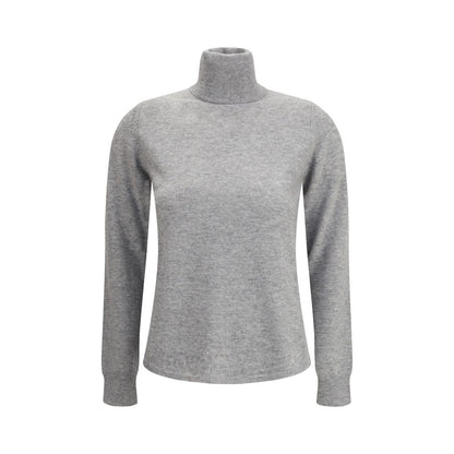 Max Mara Gray Wool Turtleneck featuring ribbed fold-over neck, long sleeves, ribbed cuffs and hem; elegant wool and cashmere blend.