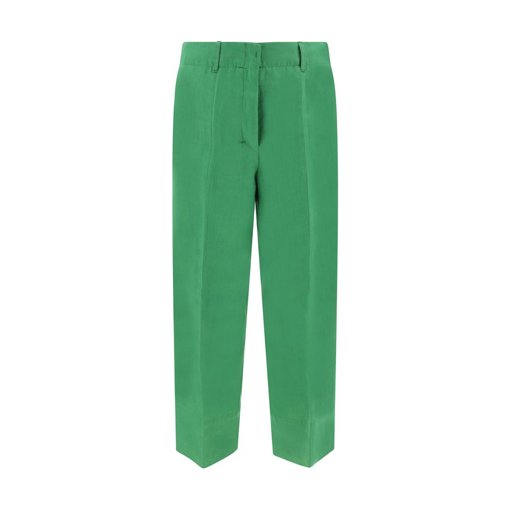 Max Mara Green Linen Casual Pants with front hook and zip, side slash pockets, elegant monochrome design, perfect for summer SS23.