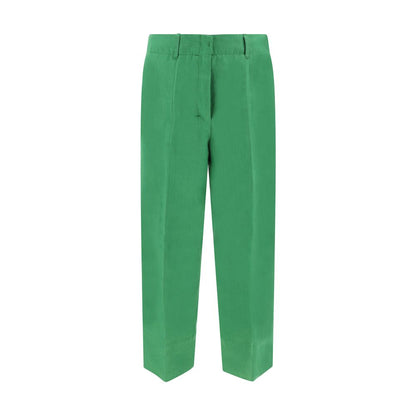 Max Mara Green Linen Casual Pants with front hook and zip, side slash pockets, elegant monochrome design, perfect for summer SS23.