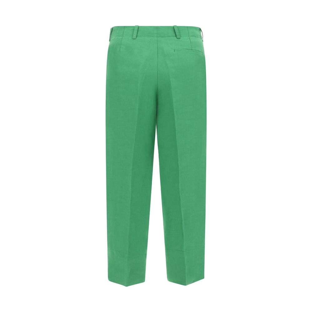 Back view of Max Mara Green Linen Casual Pants with welt pockets. SS23 collection, 100% linen, perfect for elegant summer looks.