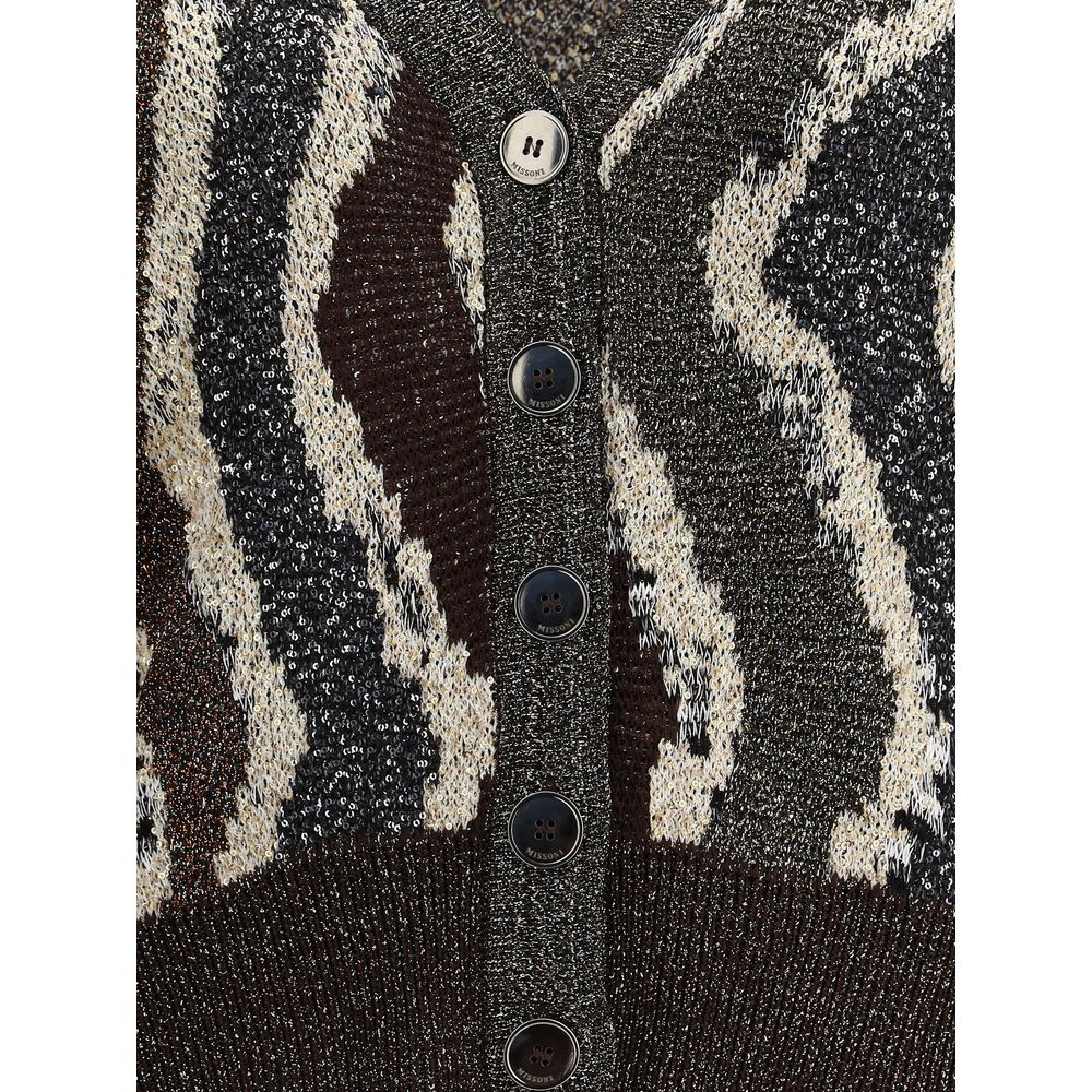 Close-up of Missoni Brown Viscose Cardigan showcasing wave pattern, button closure, and sequins for an elegant touch.