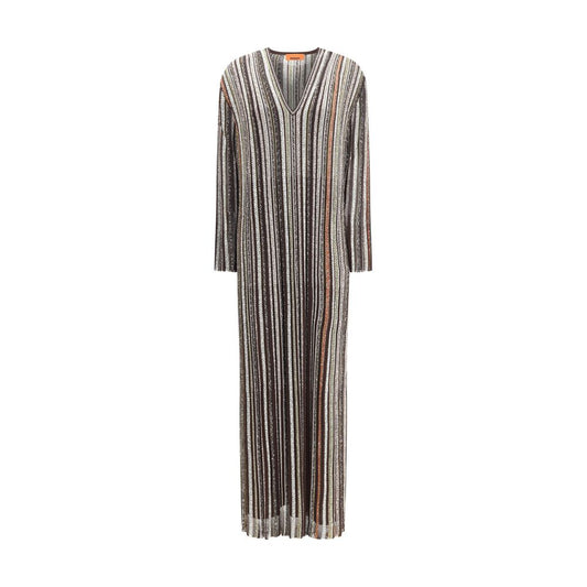 Missoni Multicolor Viscose Casual Dress with stripes, deep V-neck, long sleeves, enriched with lamé and sequins, elegant for occasions.