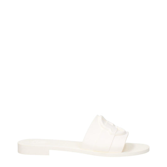 Moncler White Cotton Slippers with rubber sole and front logo design, featuring open toe and low flat heel.