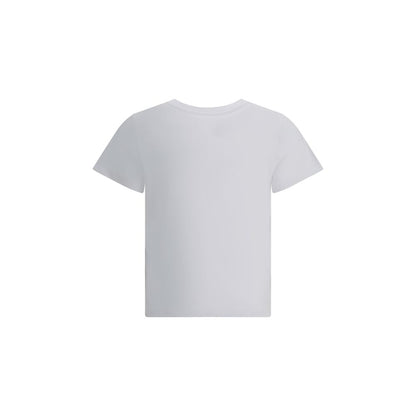 Moncler White Cotton T-Shirt, back view featuring ribbed crew neck and embroidered logo, ideal for modern casual looks, made from 100% cotton.