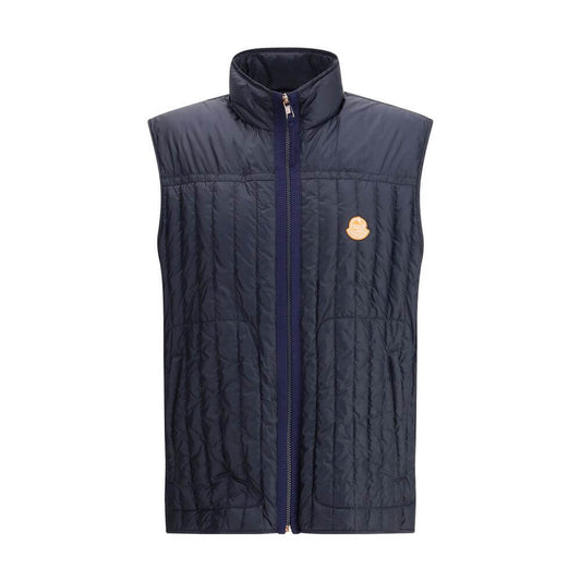 Moncler x Donald Glover Blue Polyamide Sleveless Jacket with vertical quilting and front zip closure.