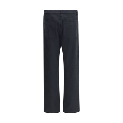 Back view of Moschino Black Cotton Casual Pants with straight-leg cut, highlighting signature patch, five-pocket design, and zip-button closure.