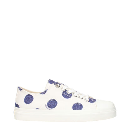 Moschino White Fabric Low Top Sneakers with navy polka dots and back logo design.