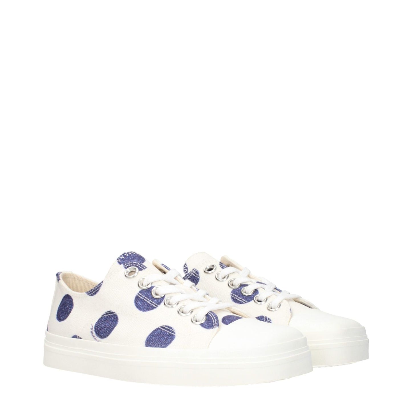 Moschino White Fabric Low Top Sneakers with polka dots and back logo design, featuring white fabric and blue accents.