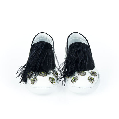 Mr&Mrs Italy Black Leather Women Slip-On Shoe with jewel appliqué and feather detailing, Italian craftsmanship.
