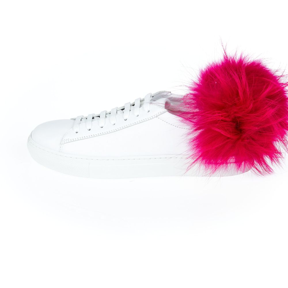 Mr&Mrs Italy White Lamb Leather Women Sneaker with pink fur pompon on heel, showcasing luxe craftsmanship and playful style.