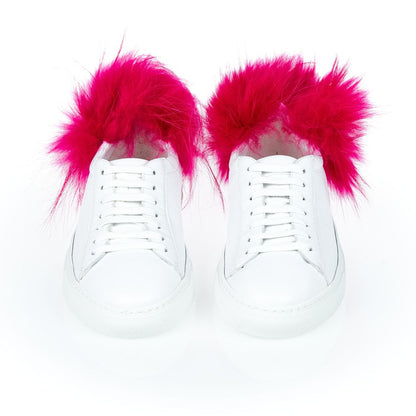 Mr&Mrs Italy White Lamb Leather Women Sneaker with pink fur pompons on heel, front view
