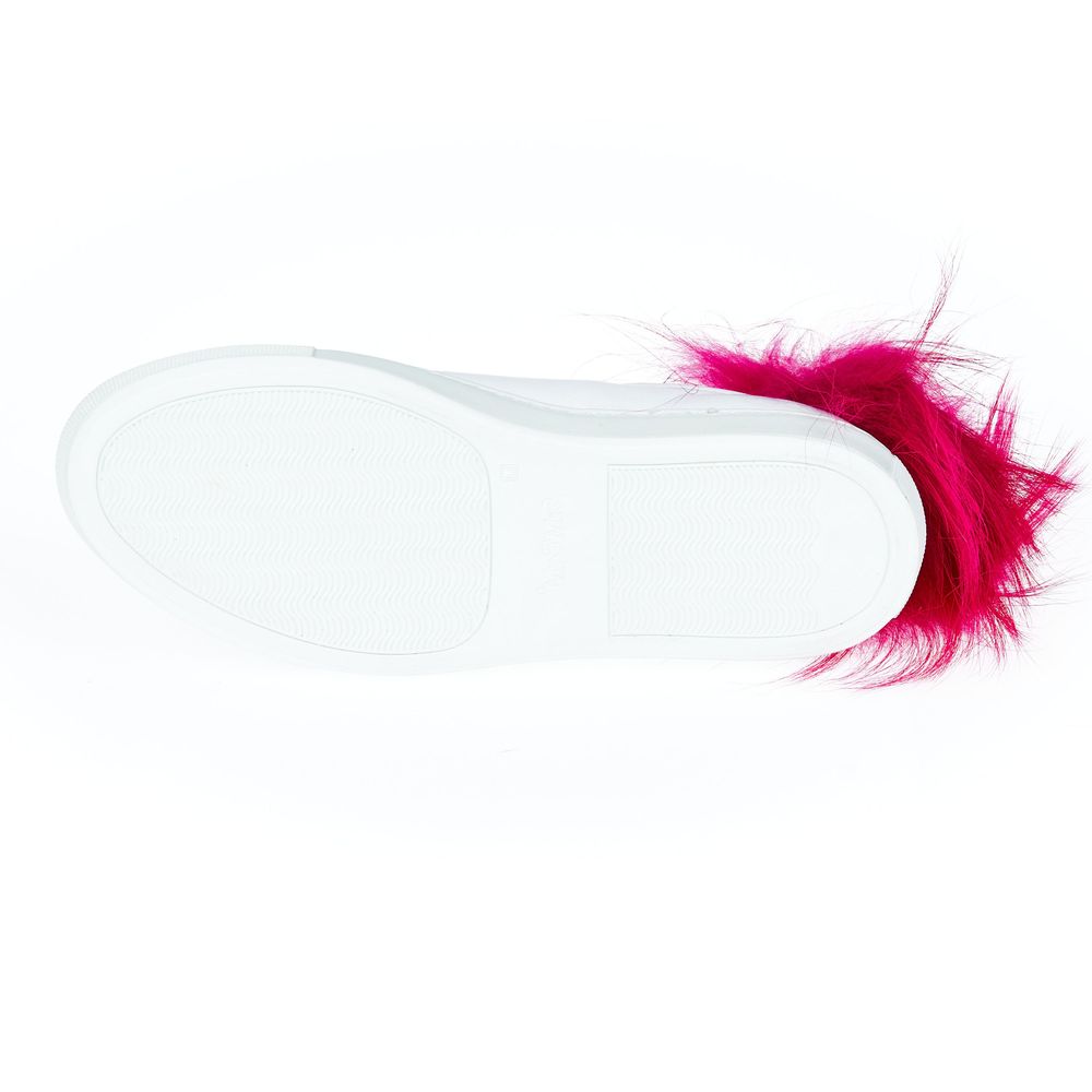 Bottom view of Mr&Mrs Italy White Lamb Leather Women Sneaker with pink fur pompon detail on heel