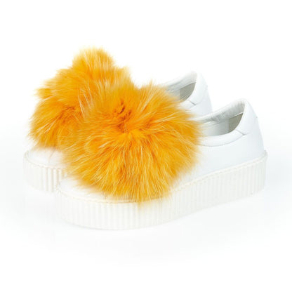 Mr&Mrs Italy White Textile Women Sneaker With Real Fur Pom Poms, featuring bold orange pom poms and textured soles.