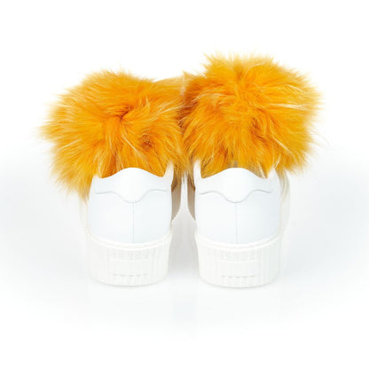 Back view of Mr&Mrs Italy White Textile Women Sneaker With Real Fur Pom Poms showcasing vibrant orange fur detailing.