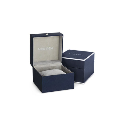 NAUTICA Mod. NAPCPS902 official packaging box in navy blue with lid open, showcasing cushion and product branding.