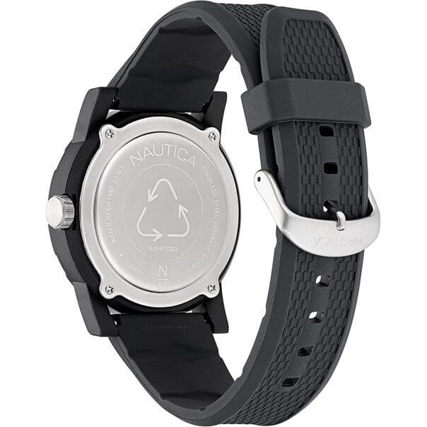 NAUTICA Mod. NAPATS303 gent's quartz analog watch with black bracelet and 5 ATM water resistance, shown from the back.