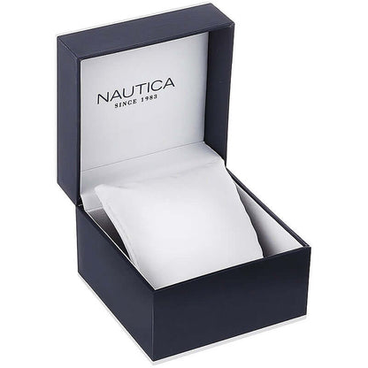 Official packaging for NAUTICA Mod. NAPNOF303 watch in box showcasing brand logo for gent's quartz analog bracelet with 10 ATM water resistance.