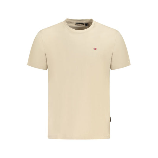 Napapijri Beige Cotton Men T-Shirt with short sleeves and crew neck, featuring distinctive embroidery, crafted for comfort and style.