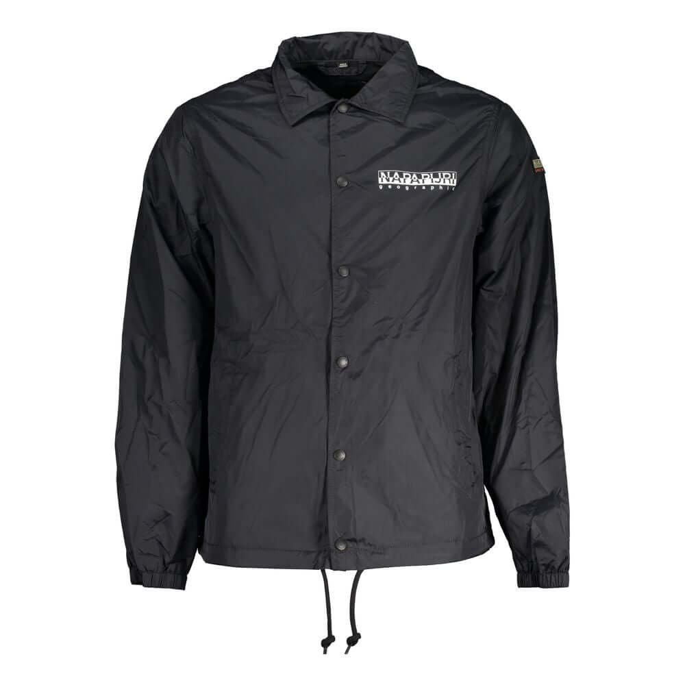 Napapijri Black Polyester Men Jacket with logo and contrast details.