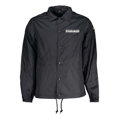 Napapijri Black Polyester Men Jacket with logo and contrast details.