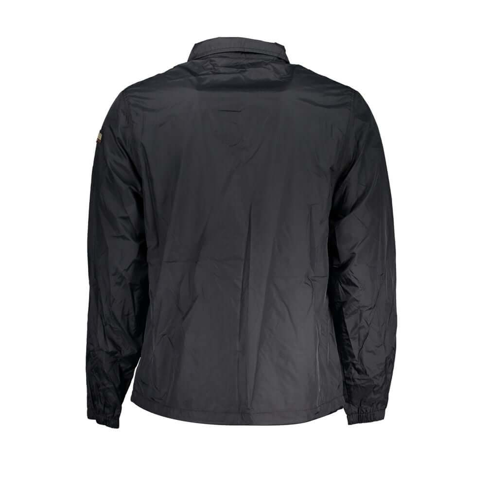 Back view of Napapijri Black Polyester Men Jacket with long sleeves and waterproof design.