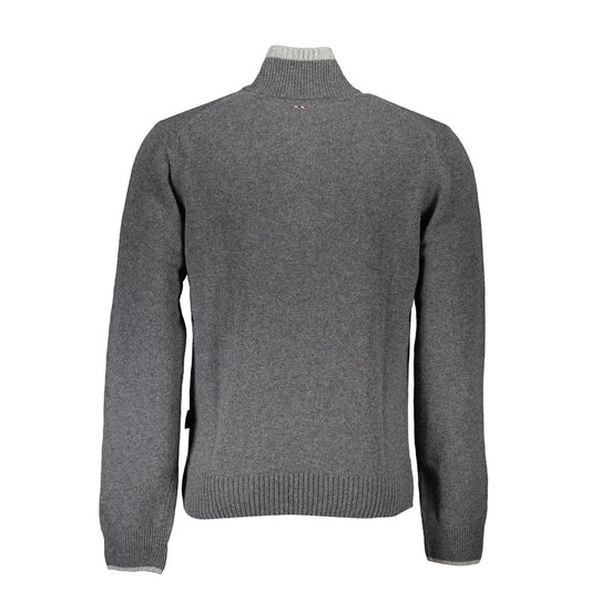 Back view of Napapijri Gray Fabric Sweater with contrast details, embroidery, half zip, and logo.