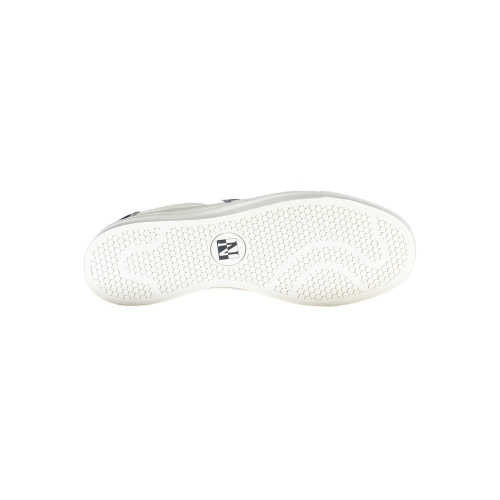 Sole view of Napapijri White Polyester Men Sneaker showcasing tread pattern and iconic logo.