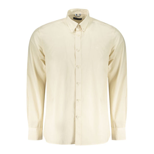 North Sails Beige Cotton Men Shirt with button-down collar and long sleeves, showcasing timeless elegance and sophistication.