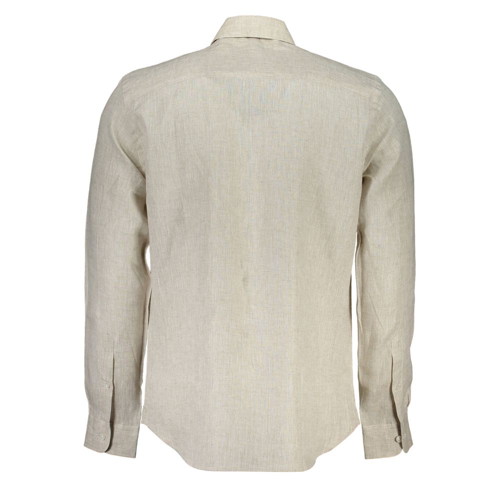 Back view of North Sails Beige Linen Men Shirt with long sleeves, Italian collar, and 1-button cuffs.