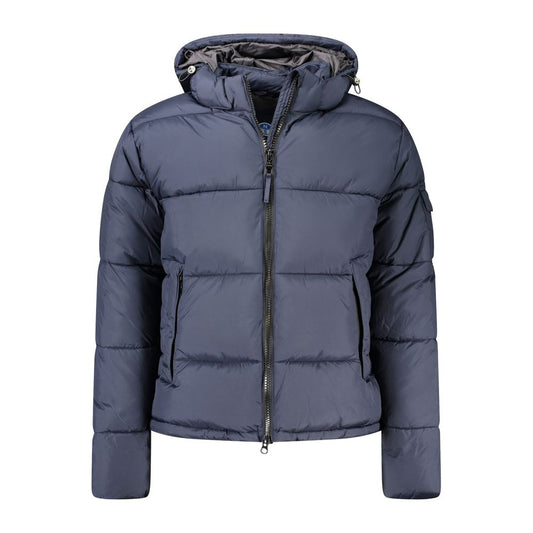 North Sails Blue Polyester Men Jacket with removable hood and zip closure.