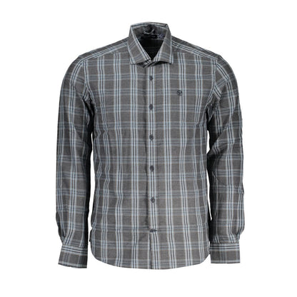 North Sails Brown Cotton Men Shirt with checked pattern and French collar, showcasing sustainability and style.