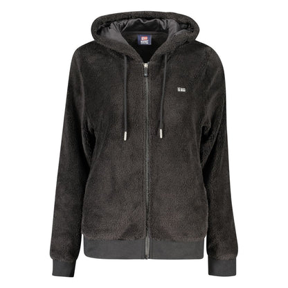 Norway 1963 Black Polyester Women's Jacket with hood and embroidery, long-sleeved sleek design, showcasing elegance and warmth.