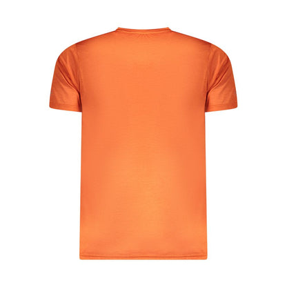 Back view of Norway 1963 Orange Polyester Men T-Shirt showcasing vibrant color and eco-friendly 100% recycled polyester fabric.