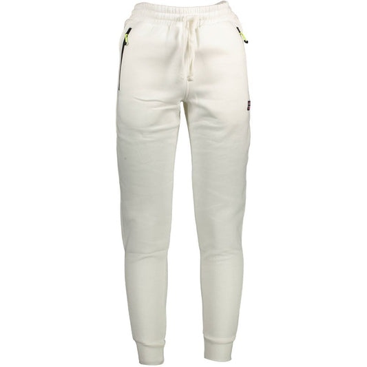Norway 1963 White Cotton Pant with elastic waistband, ankle cuffs, zipped pockets, back pocket, embroidery, and contrasting details.