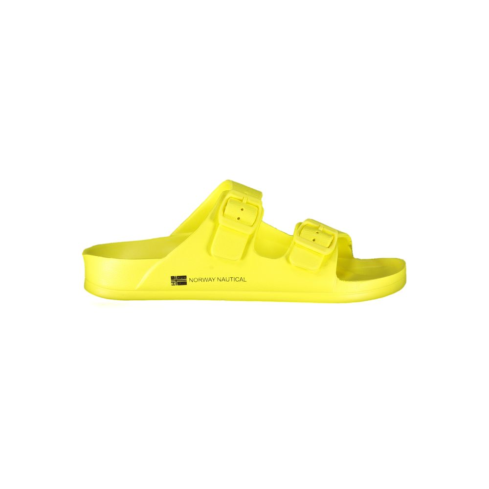 Norway 1963 Yellow Plastic Women Sandal with bold buckles and logo.