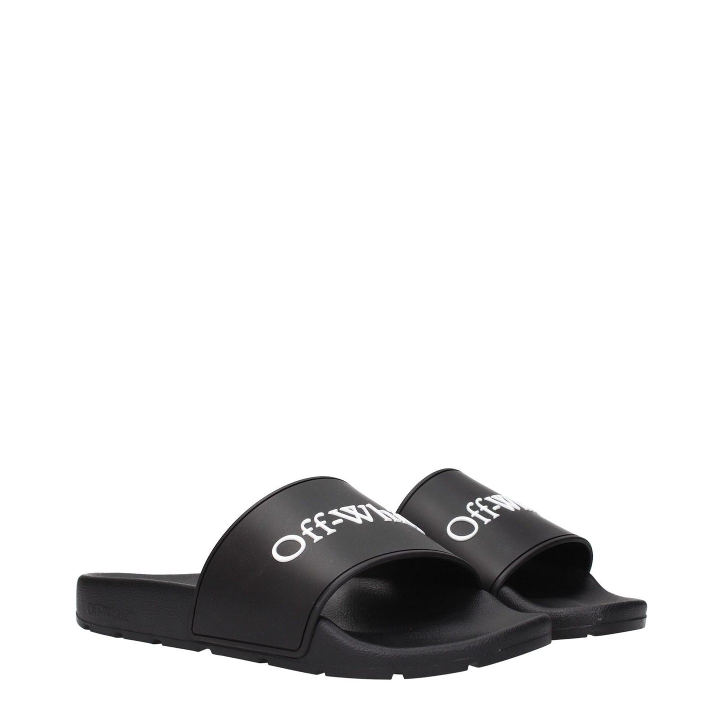 Off-White Black Cotton Slippers with front logo design, model OWIU001MAT0011001, code F84957, stylish rubber slippers by Off-White.