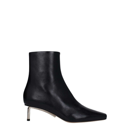 Off-White Black Leather Ankle Boots with square toe and mid heels, featuring a zip closure and leather sole.