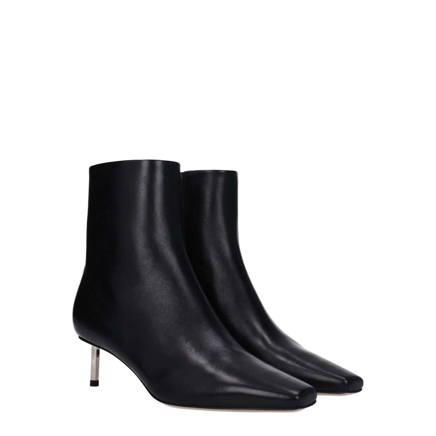 Off-White Black Leather Ankle Boots, square toe, mid heels, zip closure, stylish casual footwear for women.
