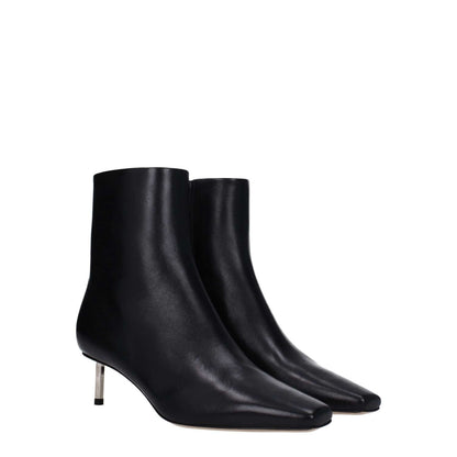 Off-White Black Leather Ankle Boots, square toe, mid heels, zip closure, stylish casual footwear for women.