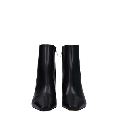 Off-White Black Leather Ankle Boots with square toe and mid heels, featuring a zip closure.
