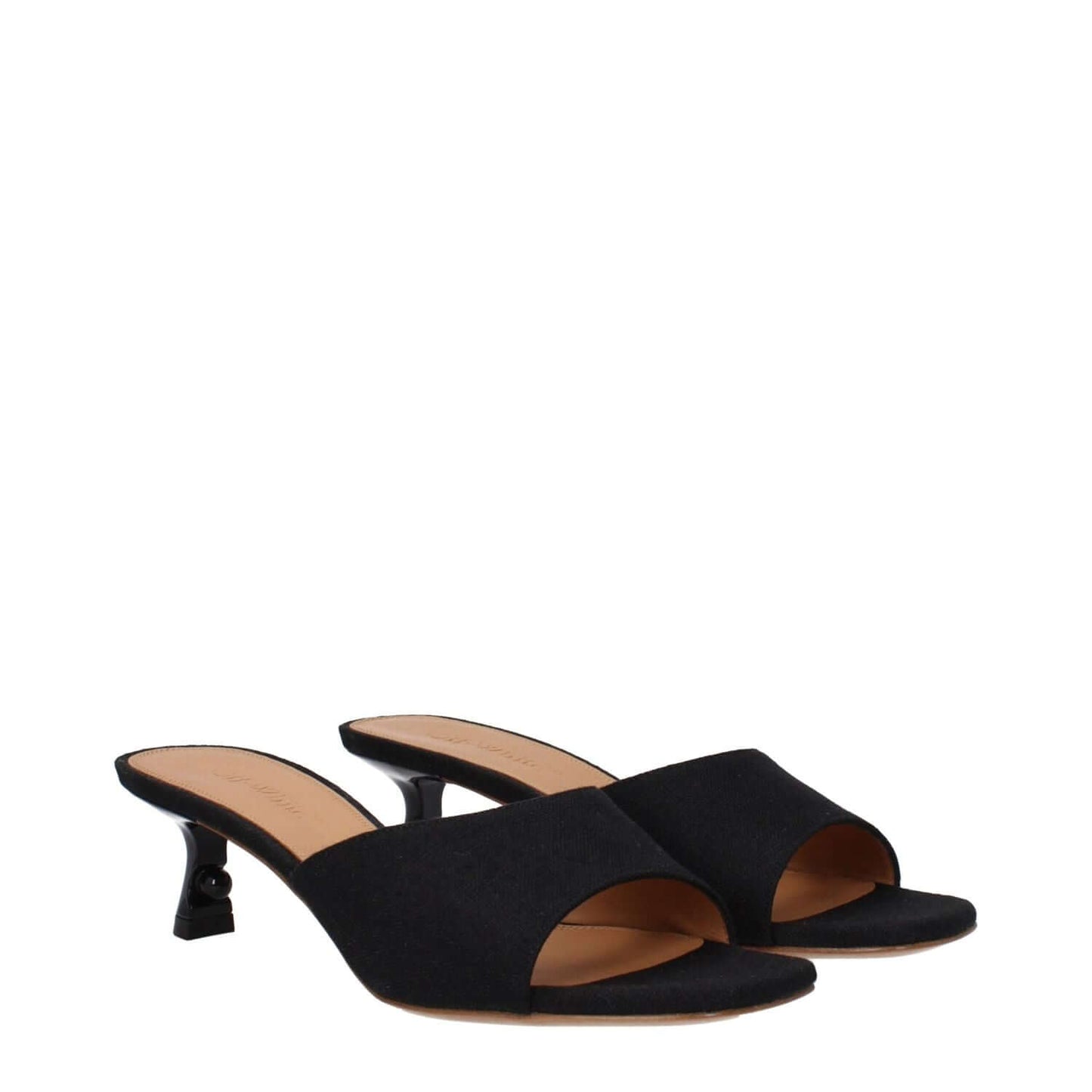 Alt Tag: Off-White Black Linen Sandals with open toe design and 5 cm mid heels, featuring leather sole.